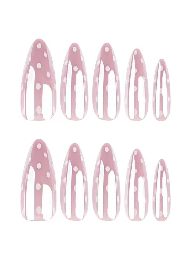 CTTHNBD Short Press on Nails Almond - Chrome Pink Fake Nails with Polka Dot Design - Glossy Full Cover Stick on False Nails for Women 24 Pcs - Image 5
